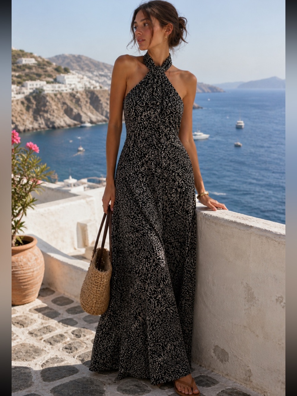 J Jill Black Halter Maxi Dress Open Back Floral Cotton XL